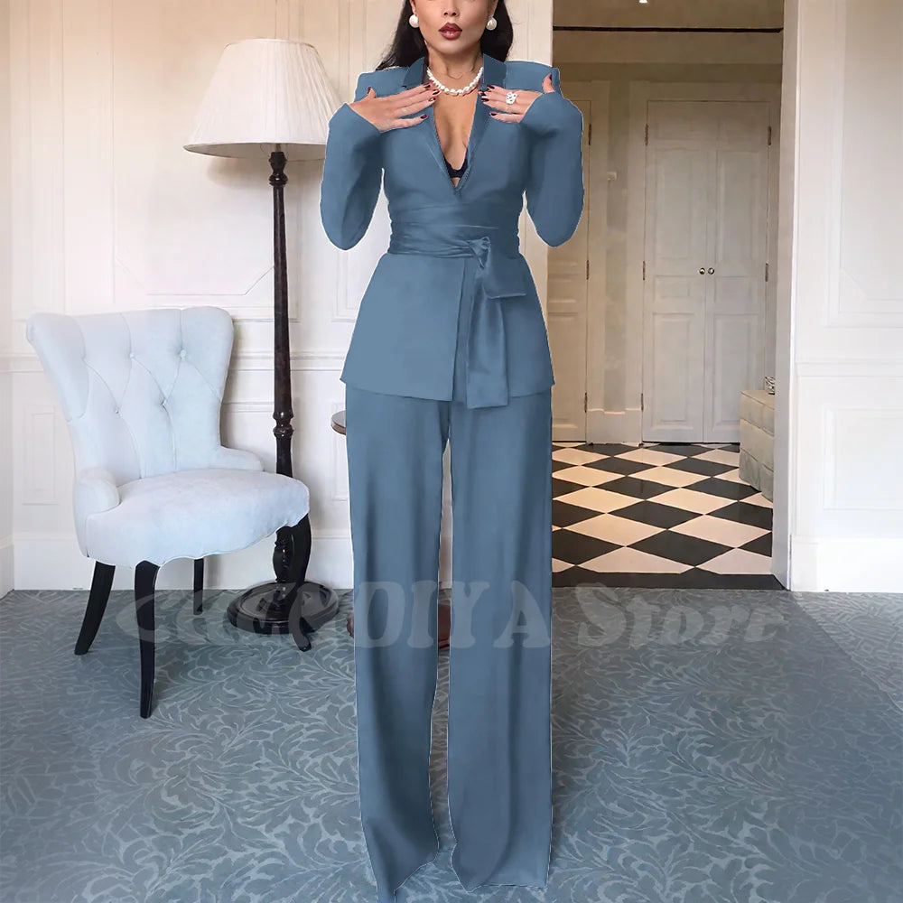 High Quality Women Suits Classic Fit 2 Piece Solid Color Shawl Lapel Elegant Casual Blazer Pants Daily Office Lady Customized