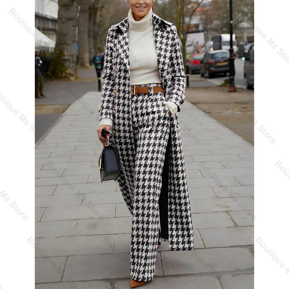 Elegant Houndstooth Women Suits 2 Piece Peak Lapel Formal Casual Prom Party Pants Sets Blazer with Pants