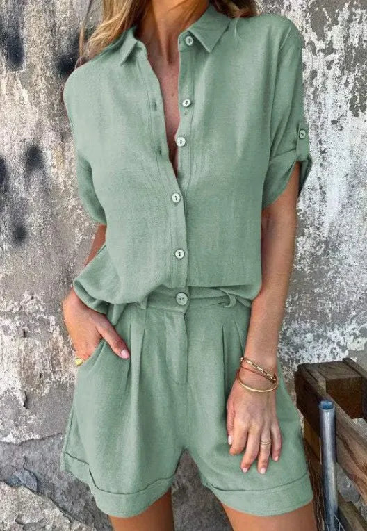 2025 New Women Cotton Linen Short-Sleeved T-Shirt Shorts Suit Summer Women Casual Shirt Top + Short Pant Two Peice Set Women Set