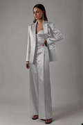 Allingentle Silk Satin Women Suits 2 Piece Solid Color Pantsuits Businesss Blazer Jacket with Wide Leg Pants Customized