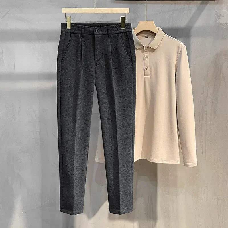 Autumn Winter Suit Pants Men Thick Business Elastic Waist Classic Grey Brown Woolen Straight Korean Formal Trousers Male 28-38