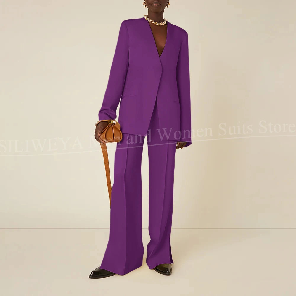 Latest Design Solid Women Pants Sets Chic V-Neck Long Sleeves Daily Casual Outfits No Buttons Office Lady Suits Two Piece