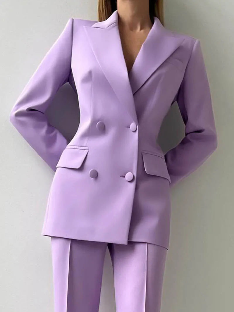 Allingentle Customized Purple Suits Set for Women 2 Piece Double Breasted Jacket with Wide leg Pants Business Formal Pantsuits