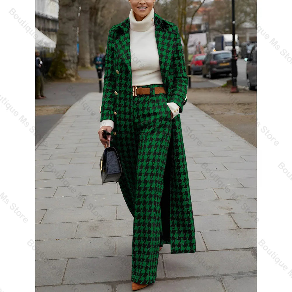 Elegant Houndstooth Women Suits 2 Piece Peak Lapel Formal Casual Prom Party Pants Sets Blazer with Pants