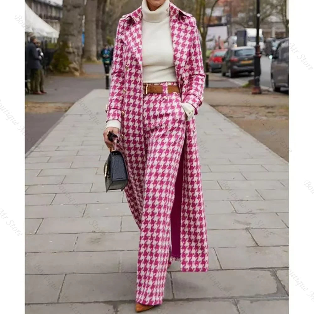 Elegant Houndstooth Women Suits 2 Piece Peak Lapel Formal Casual Prom Party Pants Sets Blazer with Pants