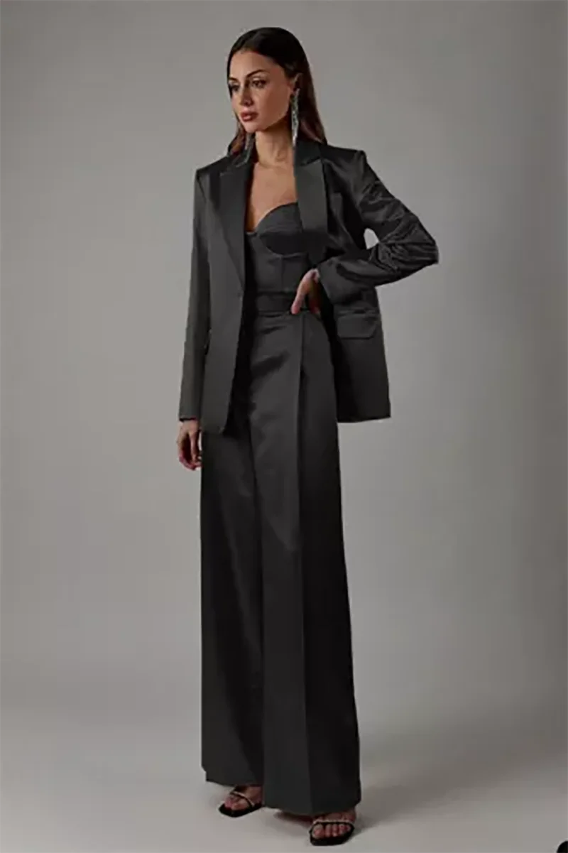 Allingentle Silk Satin Women Suits 2 Piece Solid Color Pantsuits Businesss Blazer Jacket with Wide Leg Pants Customized