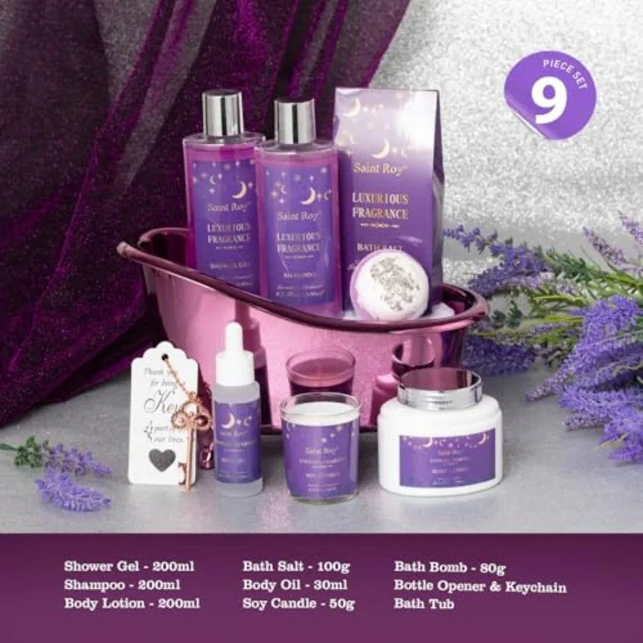 Bath Basket Spa Kit Spa Gifts for Women Luxury Bath and Body Basket Set 10pcs Self Care Kit Lavender Scent Birthday Gifts Skin