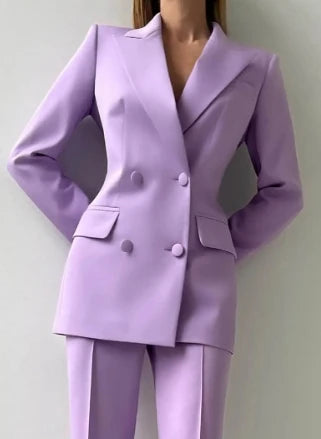 Allingentle Customized Purple Suits Set for Women 2 Piece Double Breasted Jacket with Wide leg Pants Business Formal Pantsuits