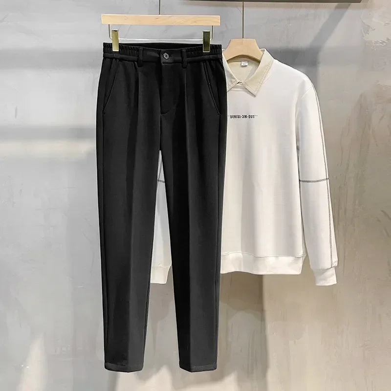 Autumn Winter Suit Pants Men Thick Business Elastic Waist Classic Grey Brown Woolen Straight Korean Formal Trousers Male 28-38