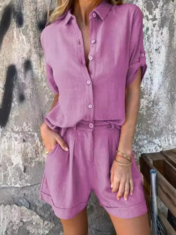 2025 New Women Cotton Linen Short-Sleeved T-Shirt Shorts Suit Summer Women Casual Shirt Top + Short Pant Two Peice Set Women Set