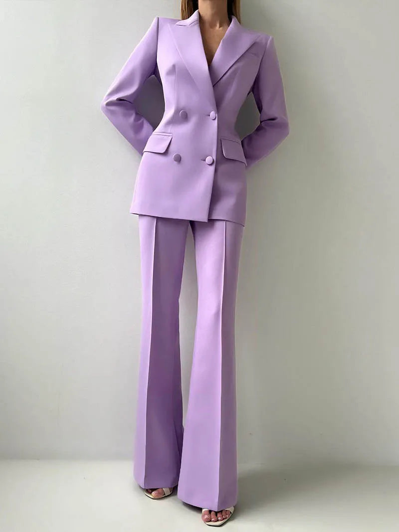 Allingentle Customized Purple Suits Set for Women 2 Piece Double Breasted Jacket with Wide leg Pants Business Formal Pantsuits