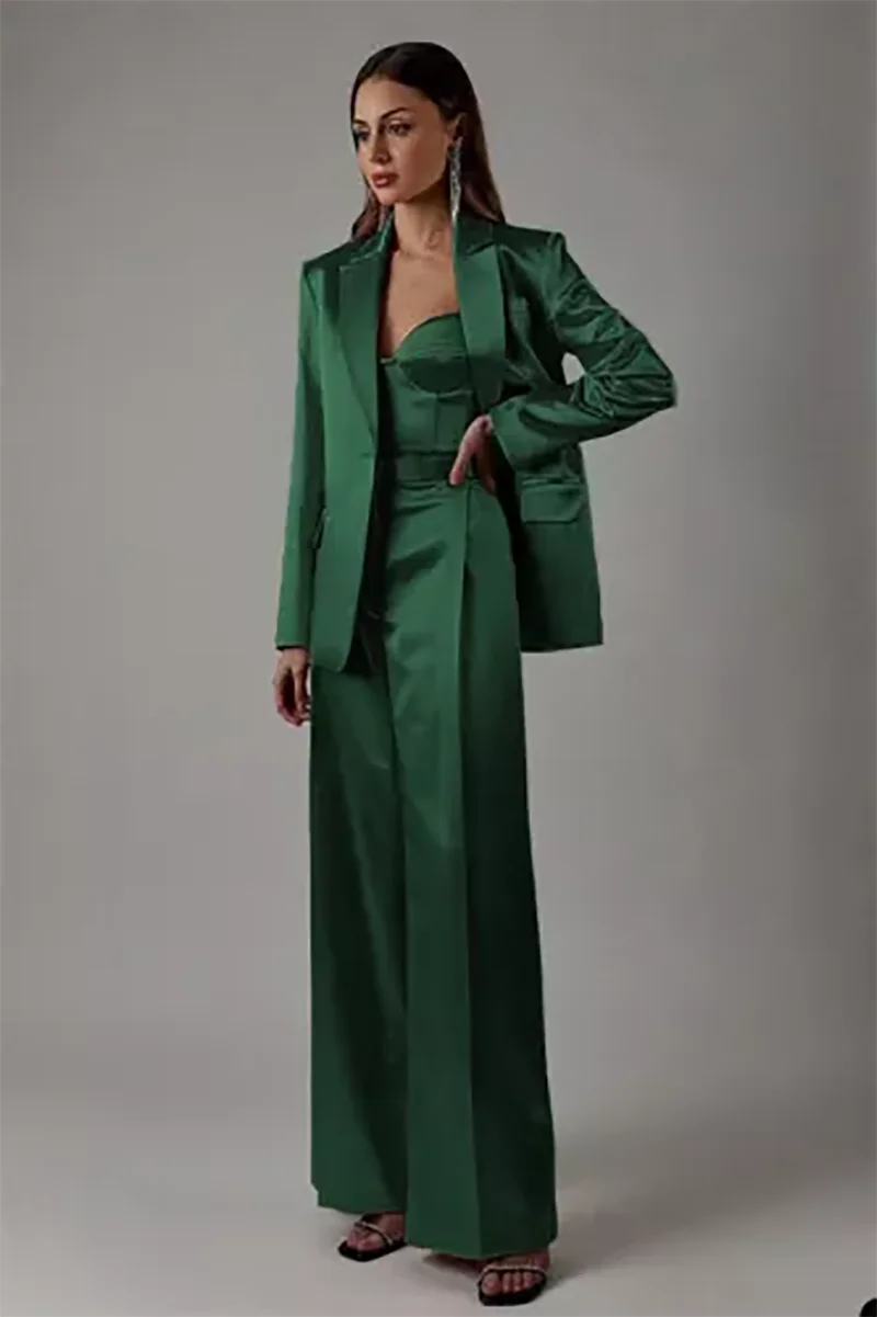 Allingentle Silk Satin Women Suits 2 Piece Solid Color Pantsuits Businesss Blazer Jacket with Wide Leg Pants Customized