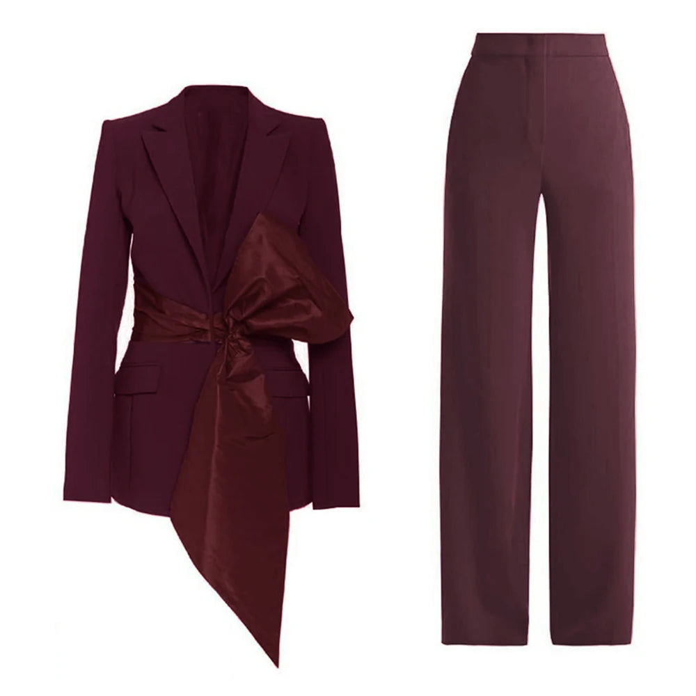 New 2 Piece Set for Women Bow Vacation Outfits Red Women's Clothing Sets Luxury  Prom Suit Вечерний костюм брючный женский