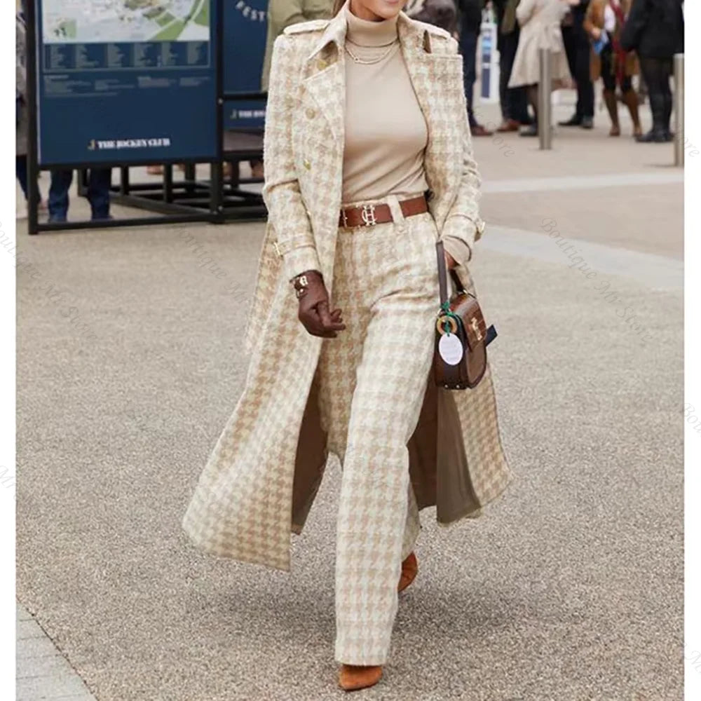 Elegant Houndstooth Women Suits 2 Piece Peak Lapel Formal Casual Prom Party Pants Sets Blazer with Pants