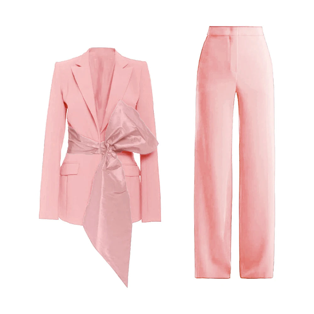New 2 Piece Set for Women Bow Vacation Outfits Red Women's Clothing Sets Luxury  Prom Suit Вечерний костюм брючный женский