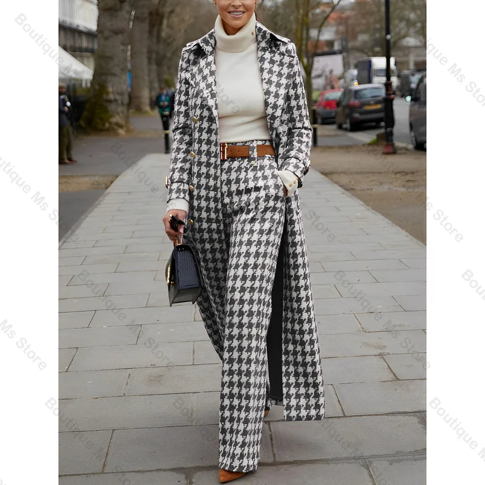 Elegant Houndstooth Women Suits 2 Piece Peak Lapel Formal Casual Prom Party Pants Sets Blazer with Pants