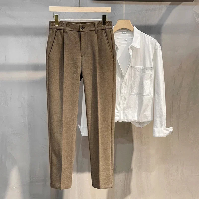 Autumn Winter Suit Pants Men Thick Business Elastic Waist Classic Grey Brown Woolen Straight Korean Formal Trousers Male 28-38