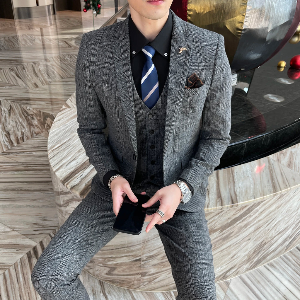British Korean Style High Quality Modified Plaid Three-Piece Suit for Men - Stylish Business Casual Suit Vest And Trousers Set