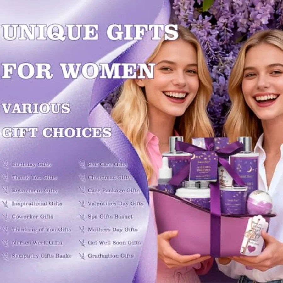 Bath Basket Spa Kit Spa Gifts for Women Luxury Bath and Body Basket Set 10pcs Self Care Kit Lavender Scent Birthday Gifts Skin