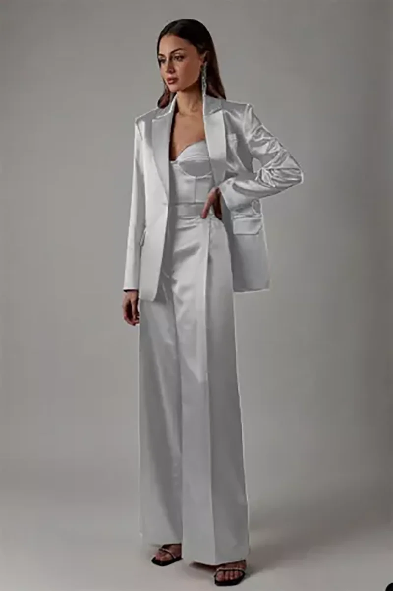 Allingentle Silk Satin Women Suits 2 Piece Solid Color Pantsuits Businesss Blazer Jacket with Wide Leg Pants Customized