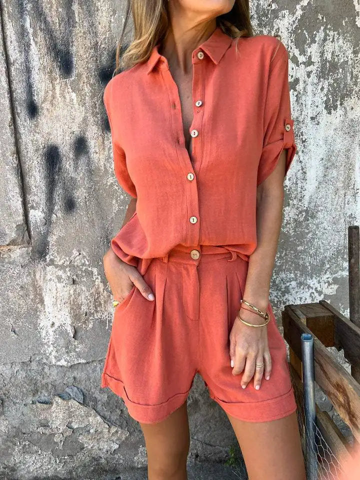 2025 New Women Cotton Linen Short-Sleeved T-Shirt Shorts Suit Summer Women Casual Shirt Top + Short Pant Two Peice Set Women Set