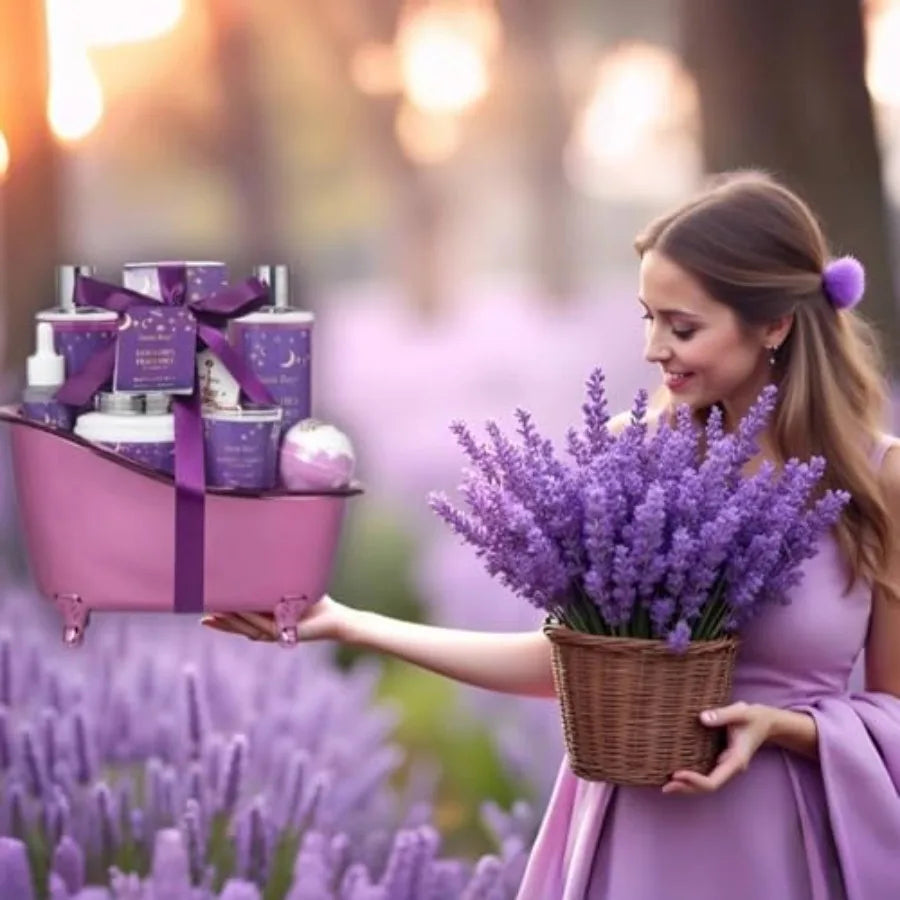 Bath Basket Spa Kit Spa Gifts for Women Luxury Bath and Body Basket Set 10pcs Self Care Kit Lavender Scent Birthday Gifts Skin