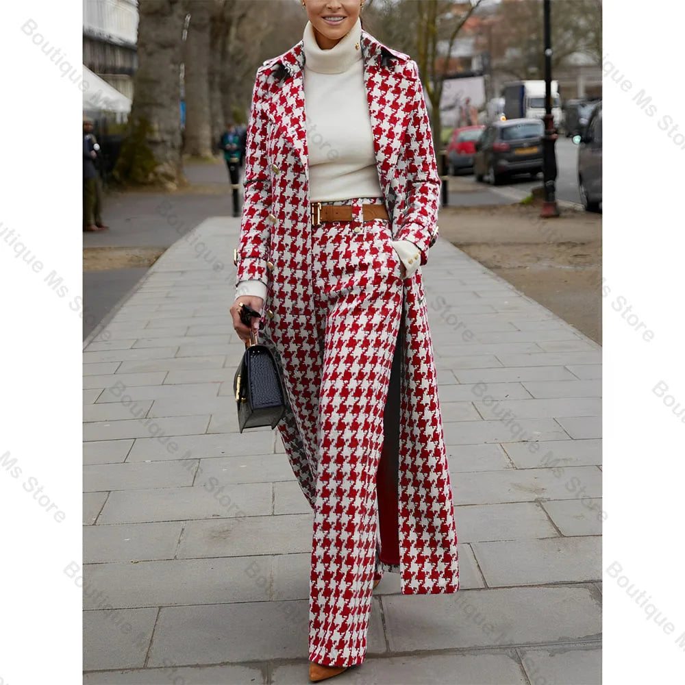 Elegant Houndstooth Women Suits 2 Piece Peak Lapel Formal Casual Prom Party Pants Sets Blazer with Pants