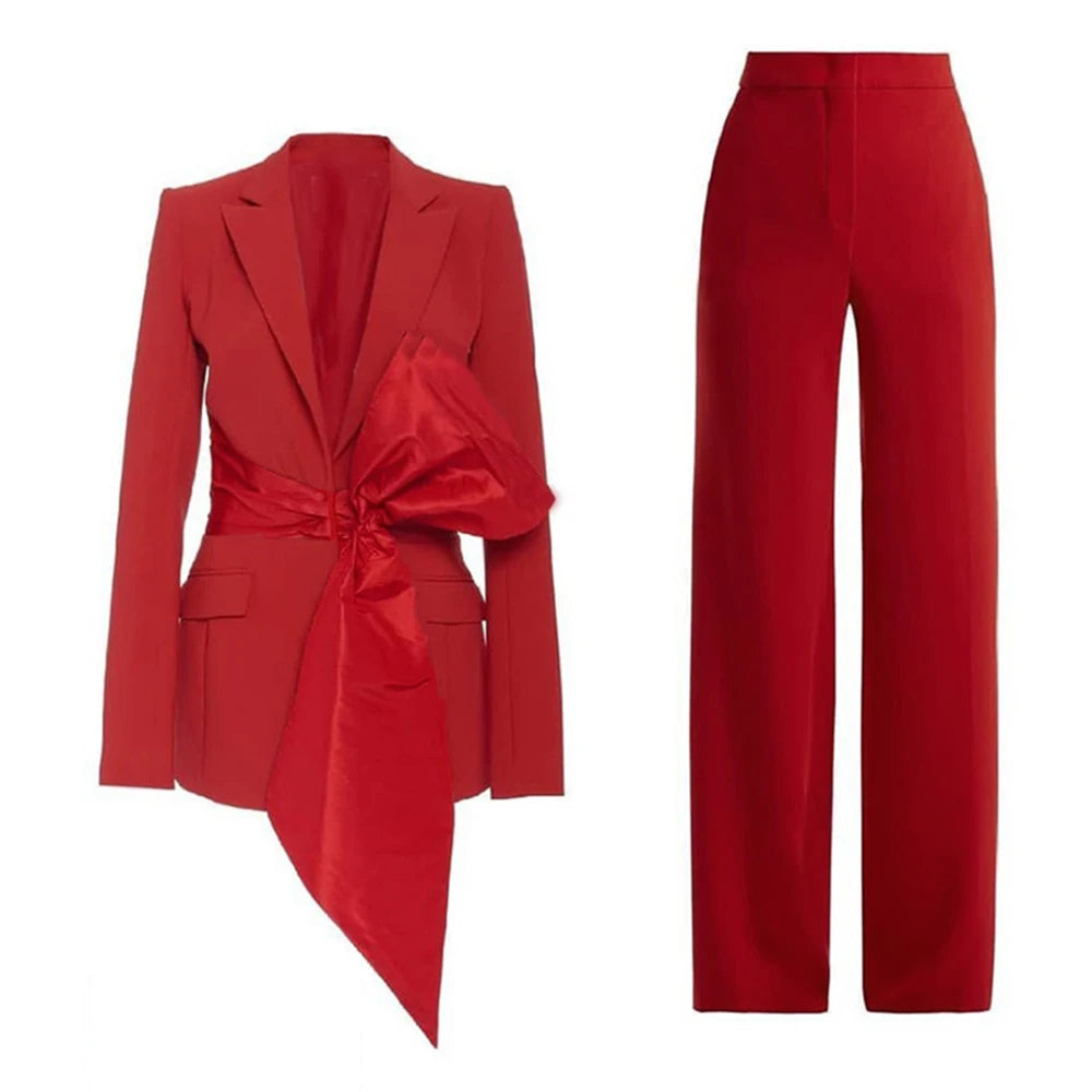 New 2 Piece Set for Women Bow Vacation Outfits Red Women's Clothing Sets Luxury  Prom Suit Вечерний костюм брючный женский