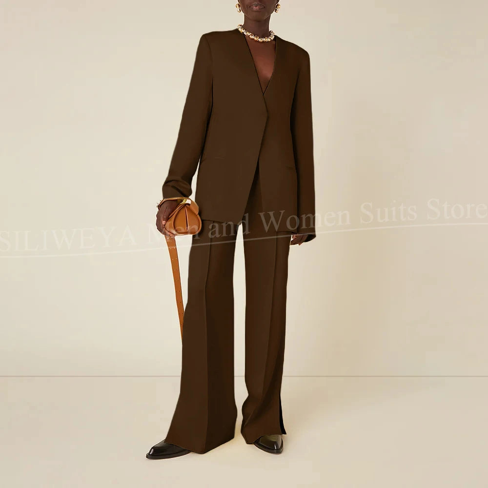 Latest Design Solid Women Pants Sets Chic V-Neck Long Sleeves Daily Casual Outfits No Buttons Office Lady Suits Two Piece