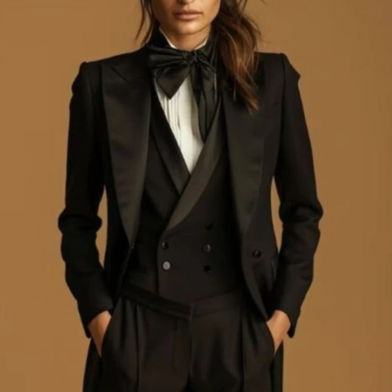 Black Three Piece Tuxedo Suit with Double Breasted Vest for Women
