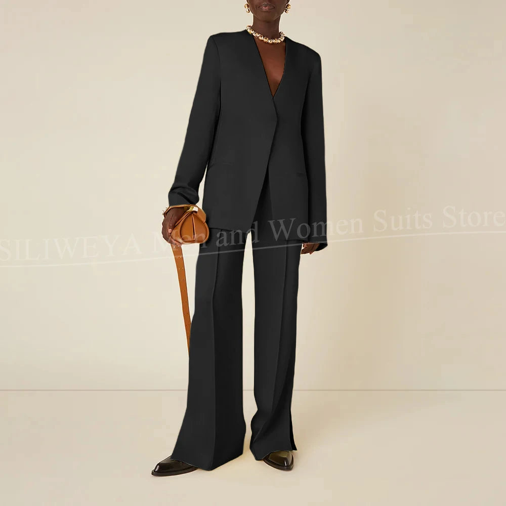 Latest Design Solid Women Pants Sets Chic V-Neck Long Sleeves Daily Casual Outfits No Buttons Office Lady Suits Two Piece