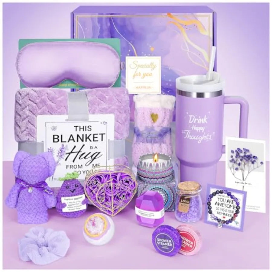 Birthday Gift for Women Self Care Get Well Soon Gifts Lavender Relaxing Spa Basket Care Package w/ Flannel Blanket 40 oz Tumble
