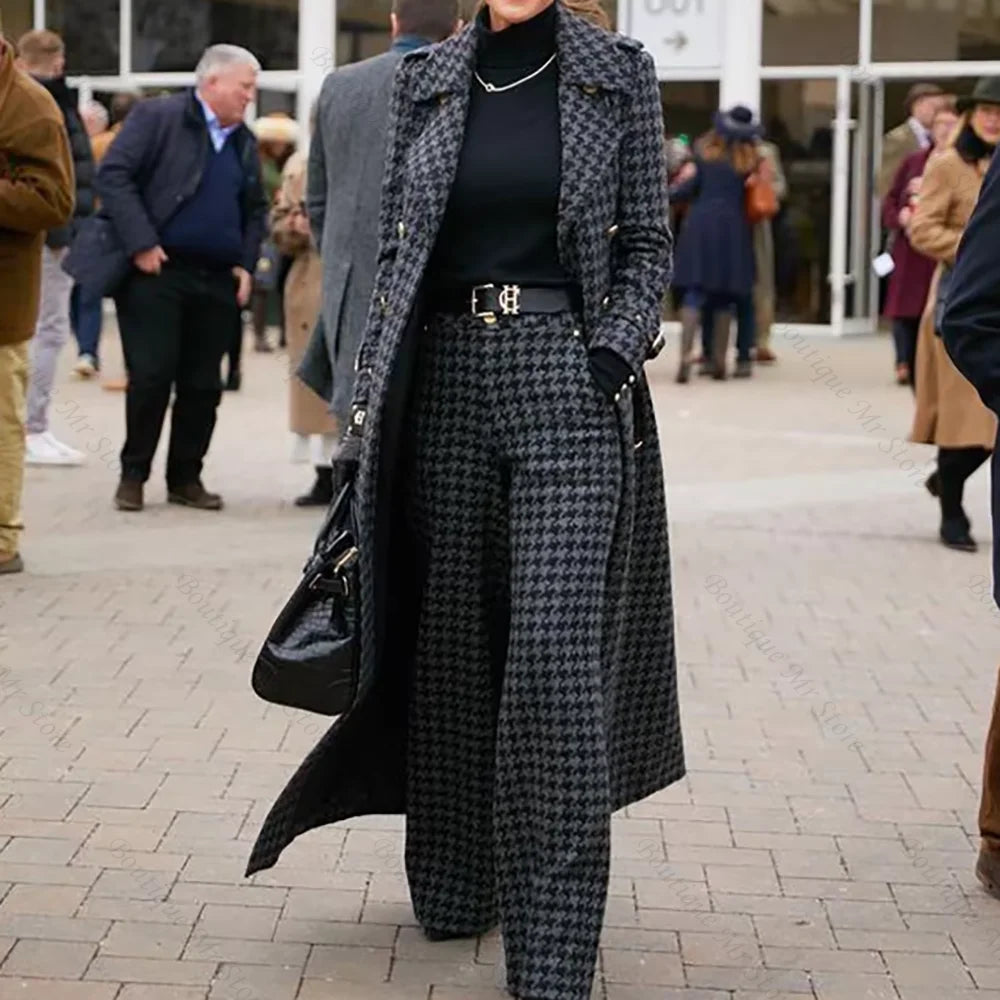 Elegant Houndstooth Women Suits 2 Piece Peak Lapel Formal Casual Prom Party Pants Sets Blazer with Pants
