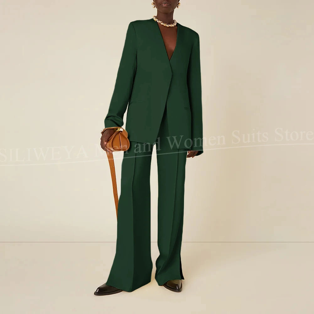 Latest Design Solid Women Pants Sets Chic V-Neck Long Sleeves Daily Casual Outfits No Buttons Office Lady Suits Two Piece