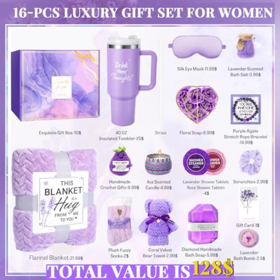 Birthday Gift for Women Self Care Get Well Soon Gifts Lavender Relaxing Spa Basket Care Package w/ Flannel Blanket 40 oz Tumble