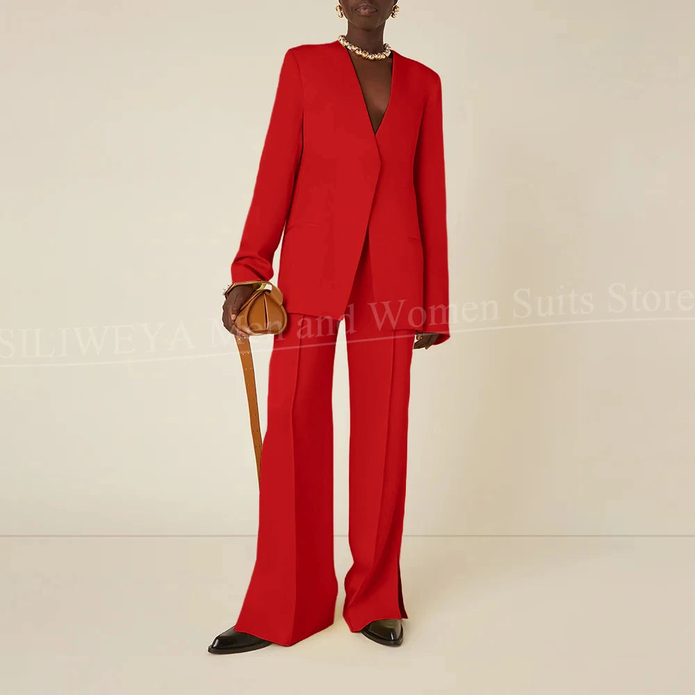 Latest Design Solid Women Pants Sets Chic V-Neck Long Sleeves Daily Casual Outfits No Buttons Office Lady Suits Two Piece