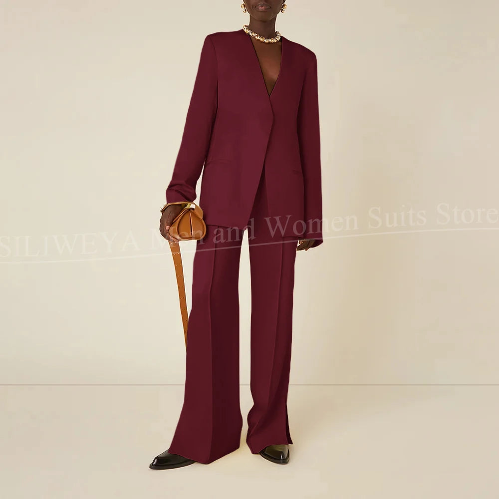 Latest Design Solid Women Pants Sets Chic V-Neck Long Sleeves Daily Casual Outfits No Buttons Office Lady Suits Two Piece