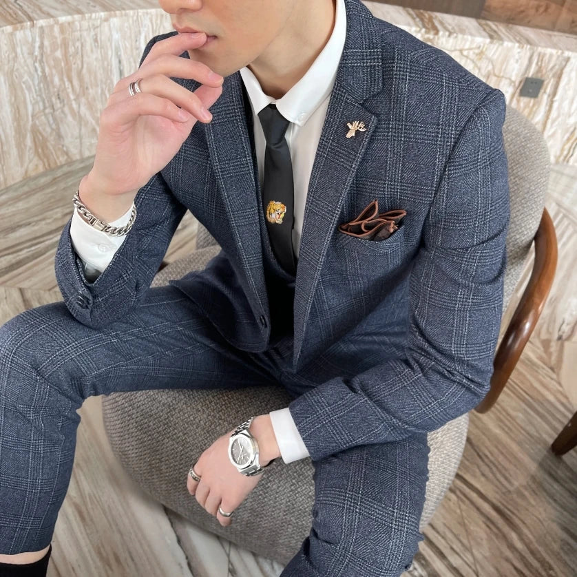British Korean Style High Quality Modified Plaid Three-Piece Suit for Men - Stylish Business Casual Suit Vest And Trousers Set