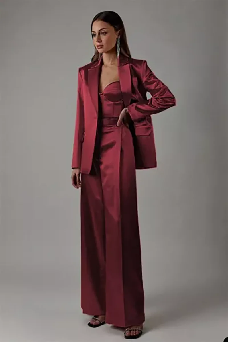 Allingentle Silk Satin Women Suits 2 Piece Solid Color Pantsuits Businesss Blazer Jacket with Wide Leg Pants Customized