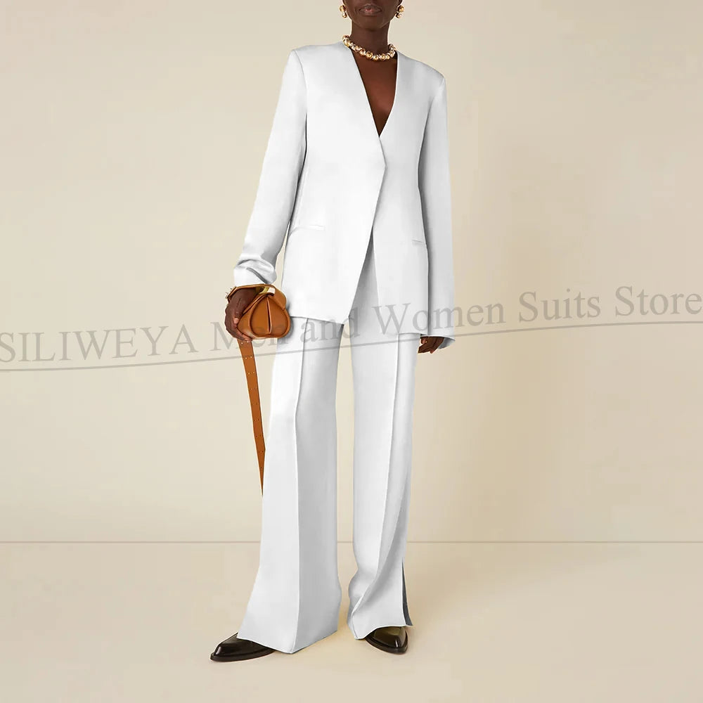 Latest Design Solid Women Pants Sets Chic V-Neck Long Sleeves Daily Casual Outfits No Buttons Office Lady Suits Two Piece