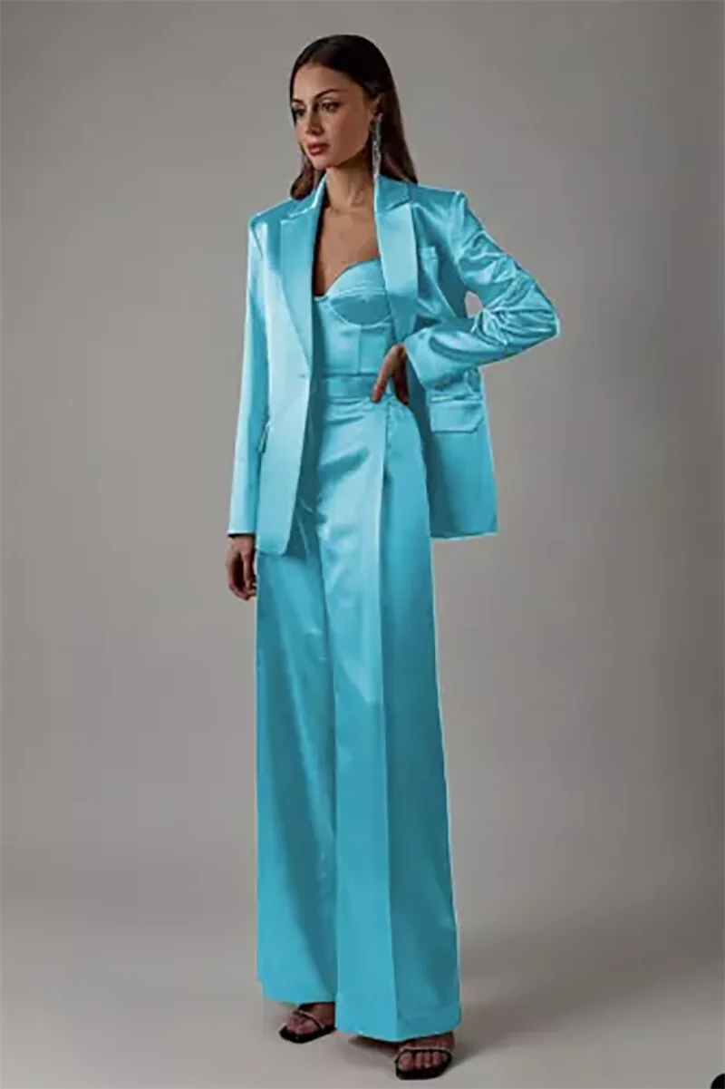 Allingentle Silk Satin Women Suits 2 Piece Solid Color Pantsuits Businesss Blazer Jacket with Wide Leg Pants Customized