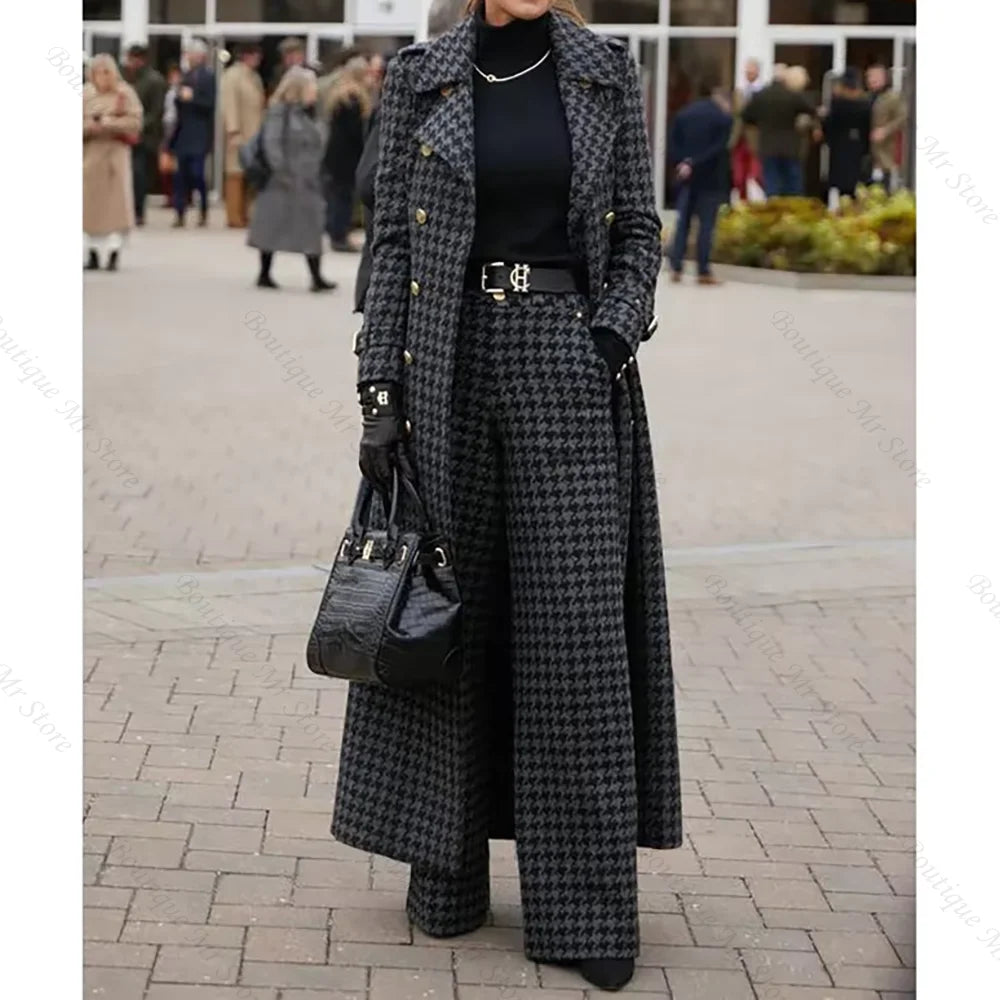 Elegant Houndstooth Women Suits 2 Piece Peak Lapel Formal Casual Prom Party Pants Sets Blazer with Pants