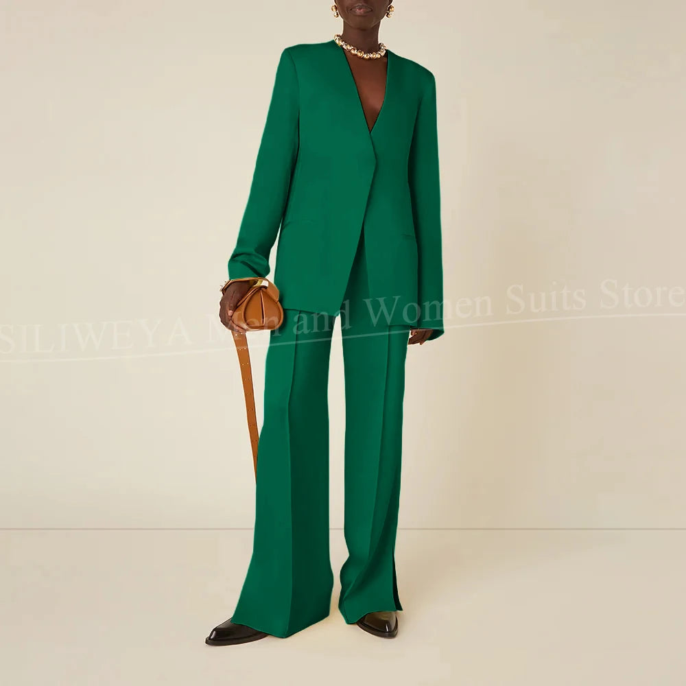 Latest Design Solid Women Pants Sets Chic V-Neck Long Sleeves Daily Casual Outfits No Buttons Office Lady Suits Two Piece