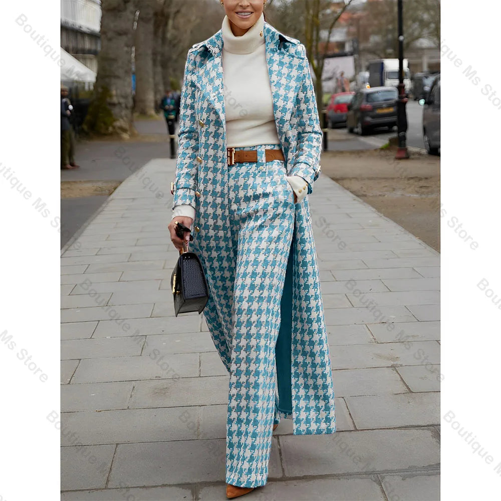 Elegant Houndstooth Women Suits 2 Piece Peak Lapel Formal Casual Prom Party Pants Sets Blazer with Pants