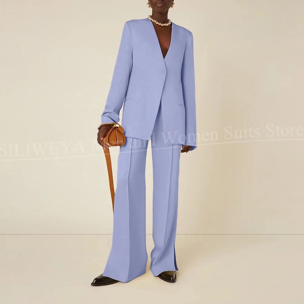 Latest Design Solid Women Pants Sets Chic V-Neck Long Sleeves Daily Casual Outfits No Buttons Office Lady Suits Two Piece