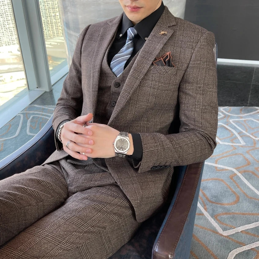 British Korean Style High Quality Modified Plaid Three-Piece Suit for Men - Stylish Business Casual Suit Vest And Trousers Set